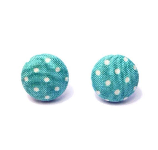 Darla Teal Aqua and White Polka Dot Print Fabric Button Earrings