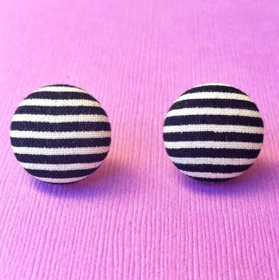 Black & White Striped Print Fabric Button Earrings