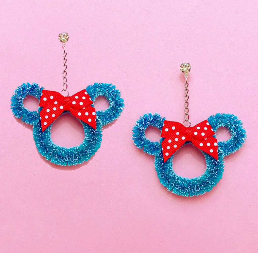 Mouse Wreath Red Polka Dot Bow Hanging Drop Earrings