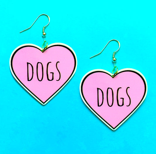 Pink “Dogs” Heart Acrylic Drop Earrings