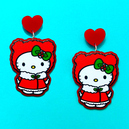 Red Holiday Kitty Drop Earrings