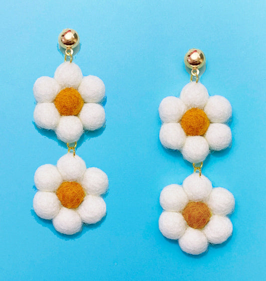 White Double Daisy Wool Felt Drop Earrings