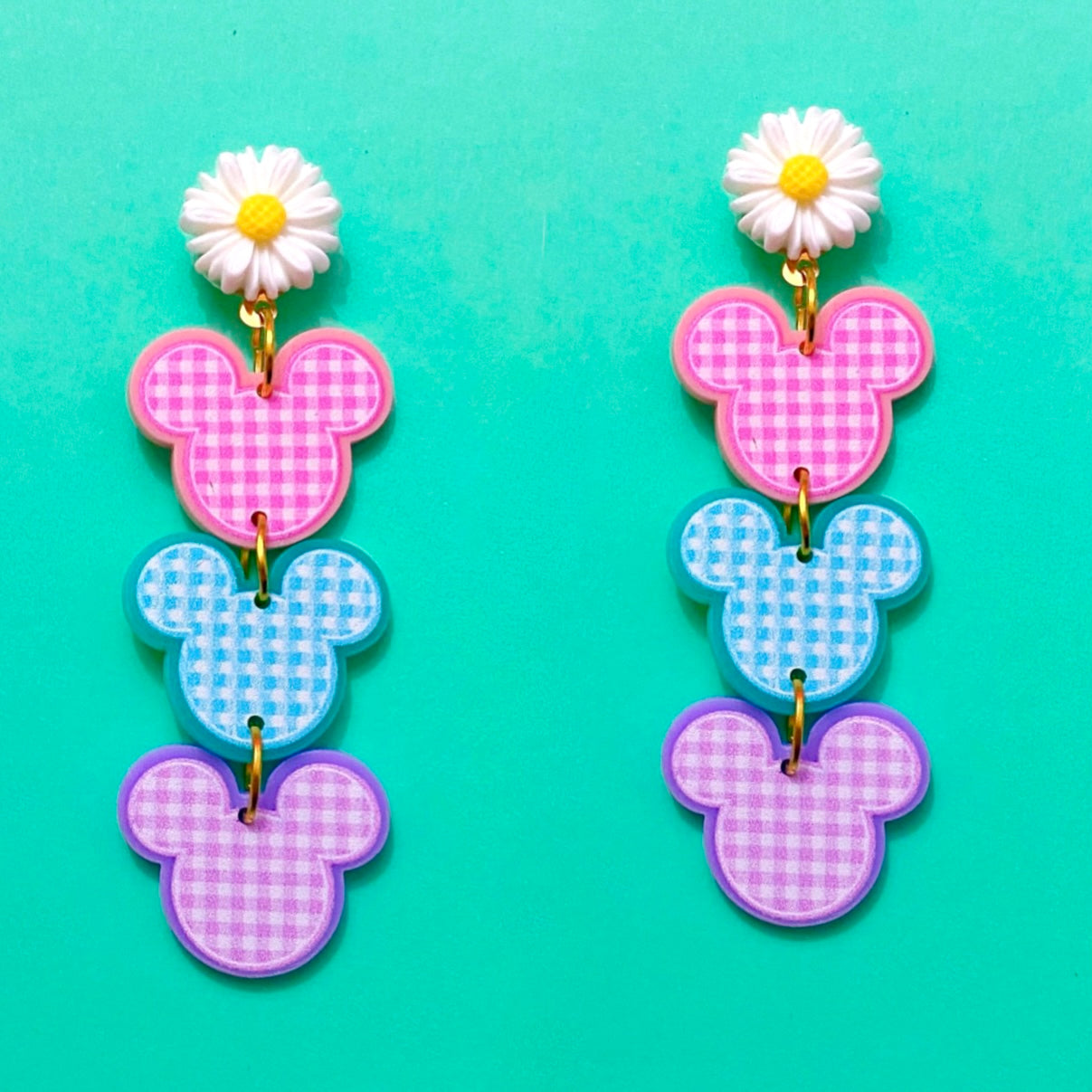 Pastel Gingham Mouse & Daisy Tiered Drop Earrings