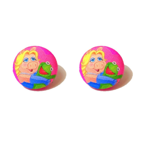 Kermie & Piggy Inspired Fabric Button Earrings