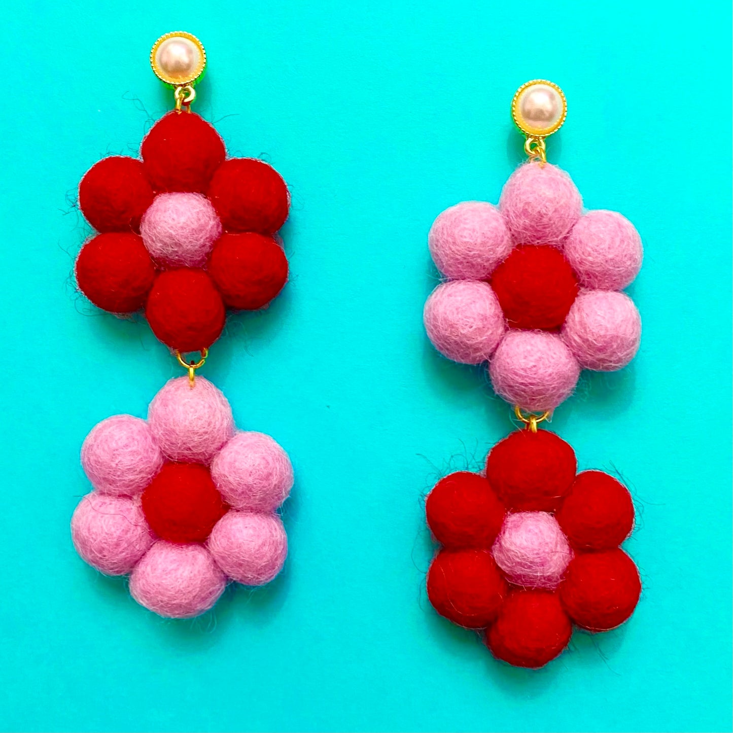 Red & Pink Double Flower Wool Felt Drop Earrings