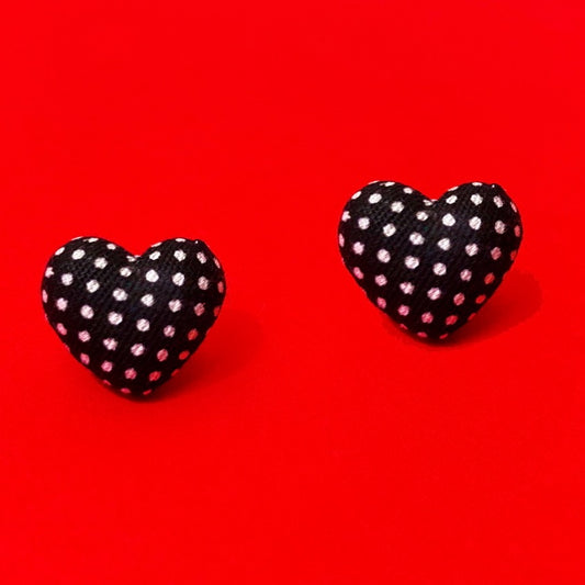 Black & White Polka Dot Heart Fabric Button Earrings