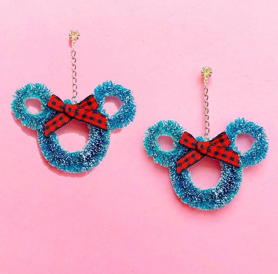 Mouse Wreath Red Plaid Bow Hanging Drop Earrings