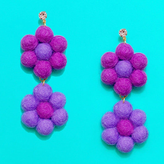 Purple Grape Double Flower Wool Felt Drop Earrings