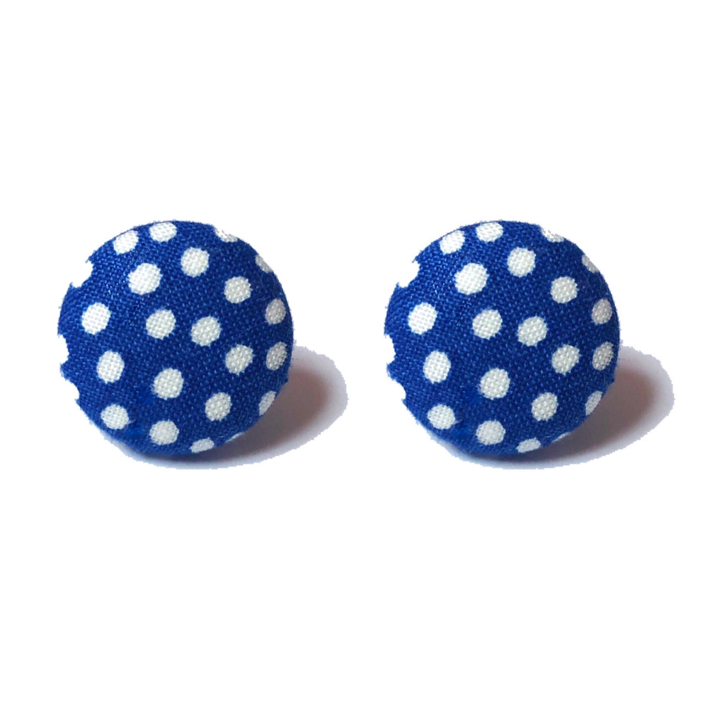 Navy Blue & White Polka Dot Fabric Button Earrings