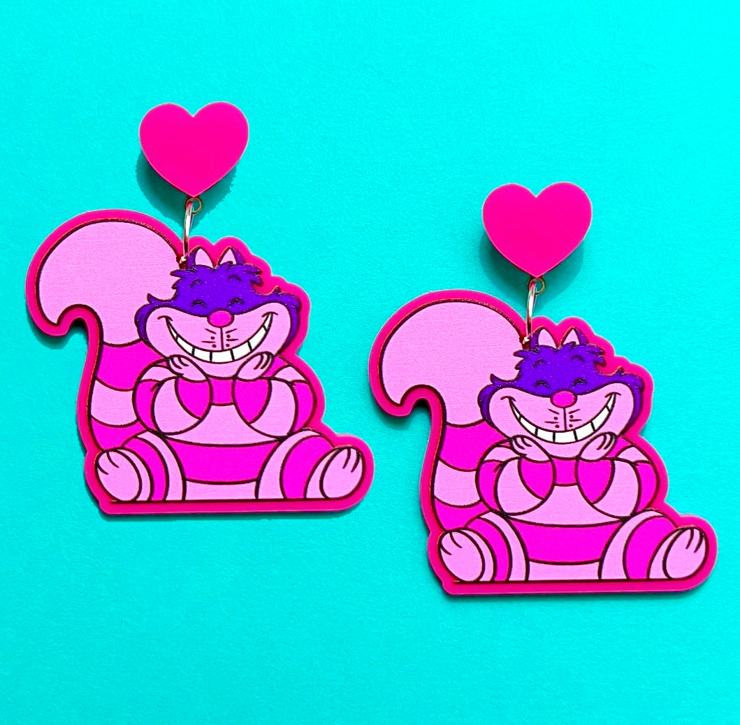 Cheshire Cat Heart Inspired Acrylic Drop Earrings