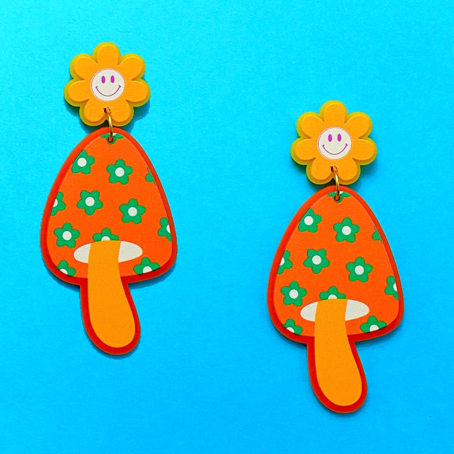 Flower Print Orange Mushroom & Smiley Face Acrylic Drop Earrings