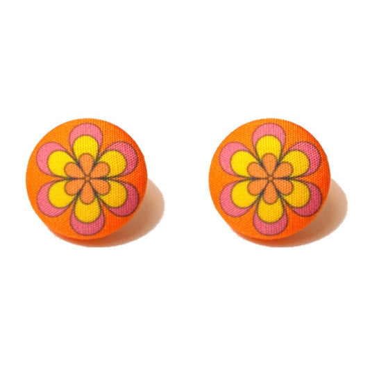Orange, Yellow & Pink Retro 60s Inspired Flower Fabric Button Earrings