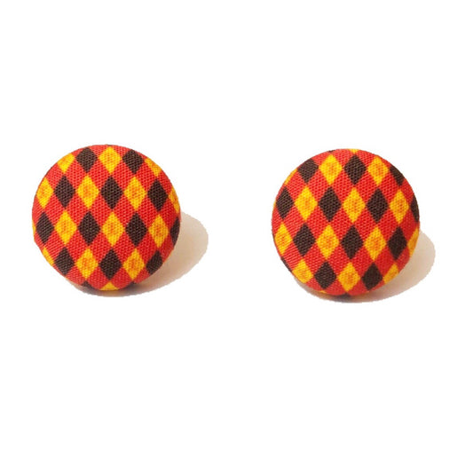 Maroon & Gold Argyle Fabric Button Earrings