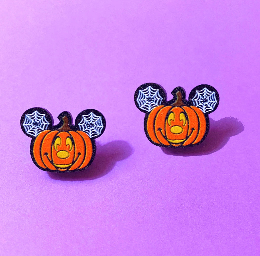 Mouse Pumpkin Spiderweb Ears Jack-O-Lantern Post Earrings