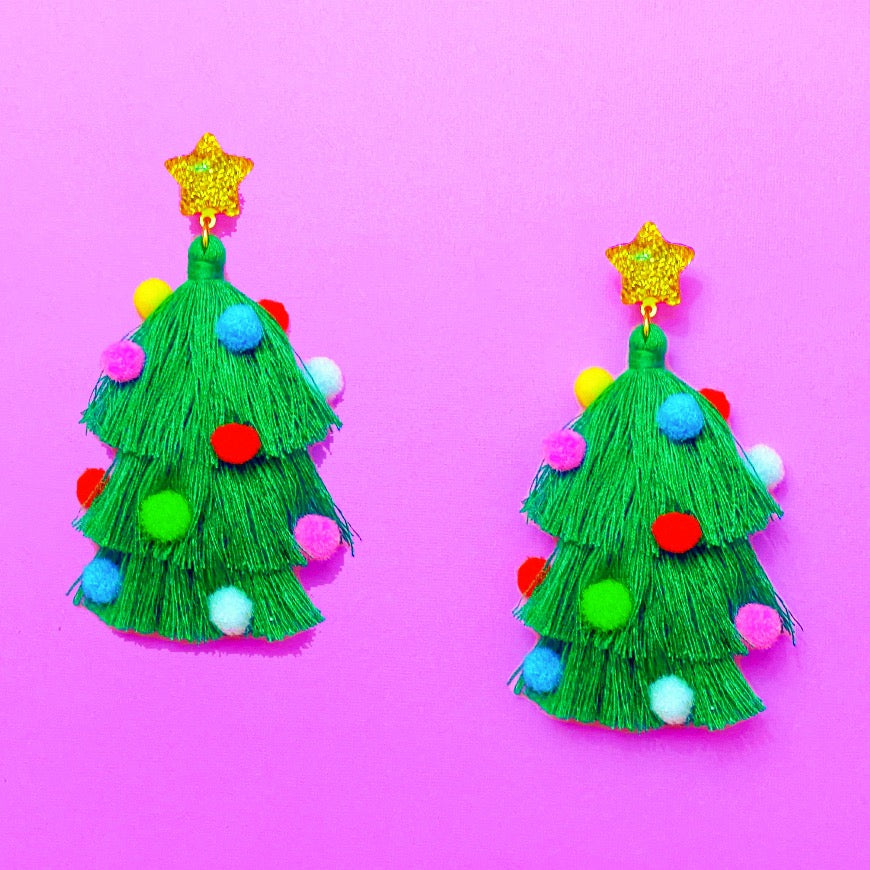Christmas Tree Tassel Pom Pom Drop Earrings