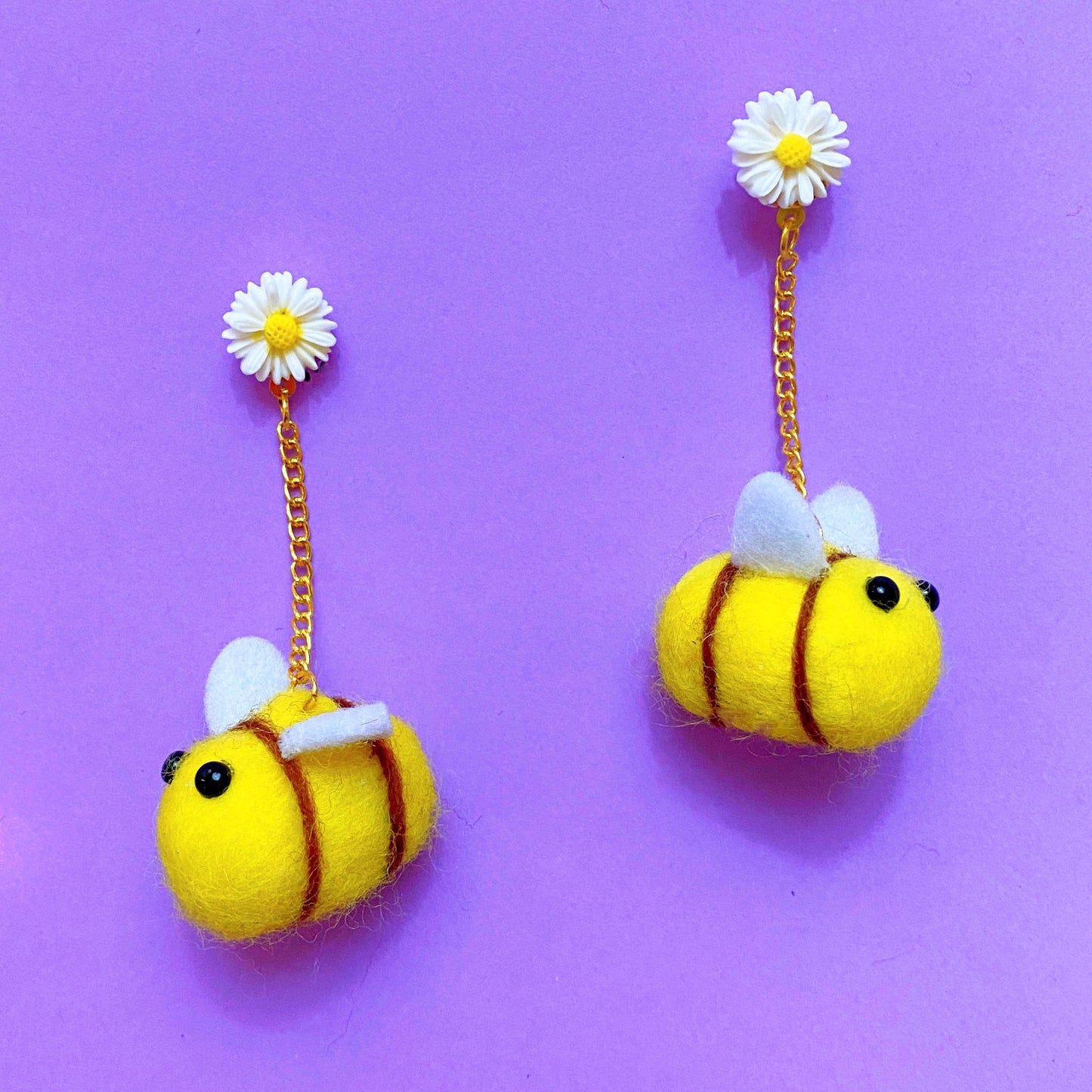 Honey Bee Daisy Wool Felt Pom Pom Drop Earrings