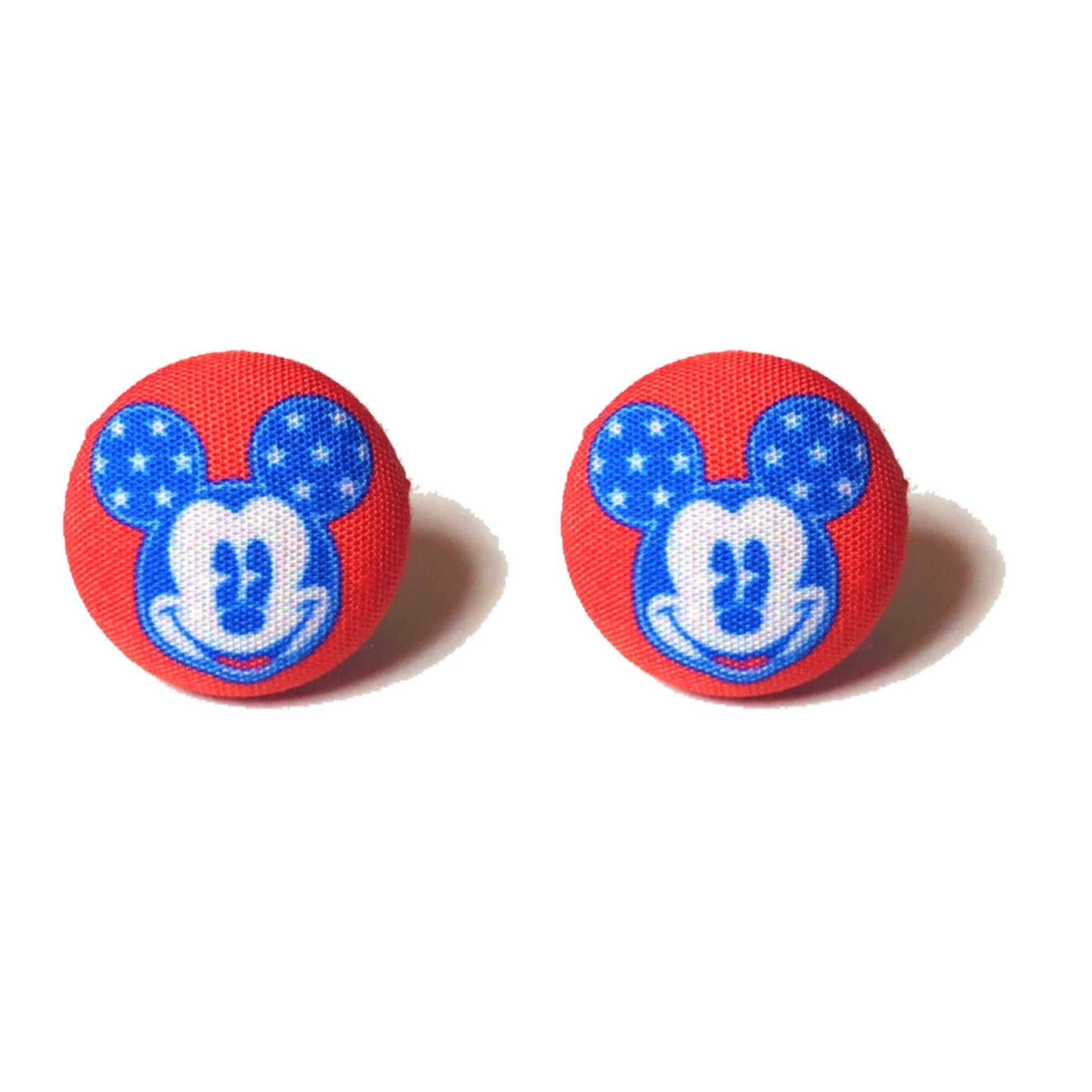 Red & Blue America Mouse Fabric Button Earrings