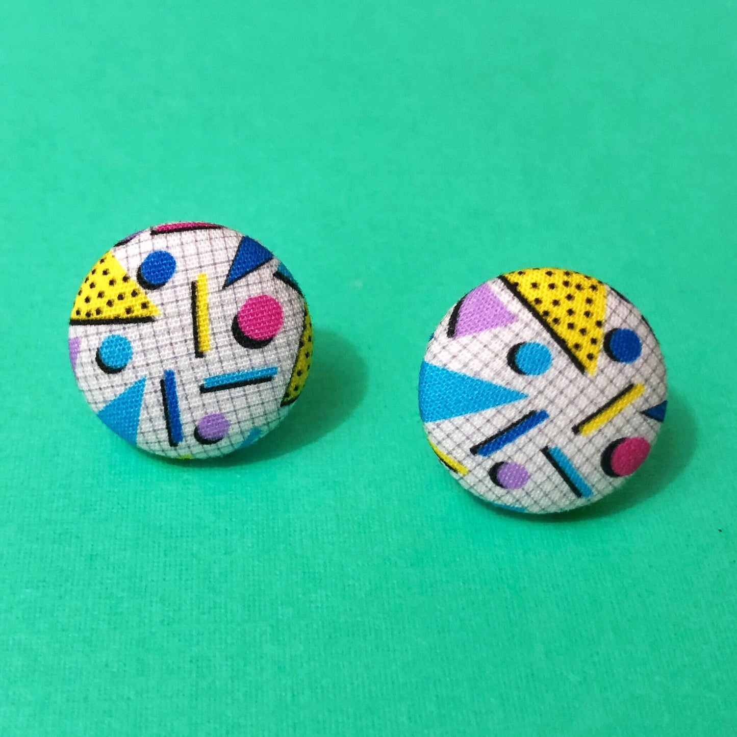 90s Print Geometric Fabric Button Earrings