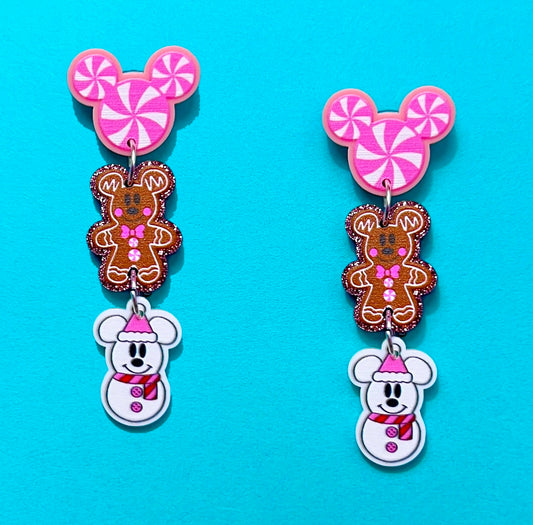 Pastel Pink Peppermint Gingerbread & Snowman Mouse Stacked Acrylic Drop Earrings