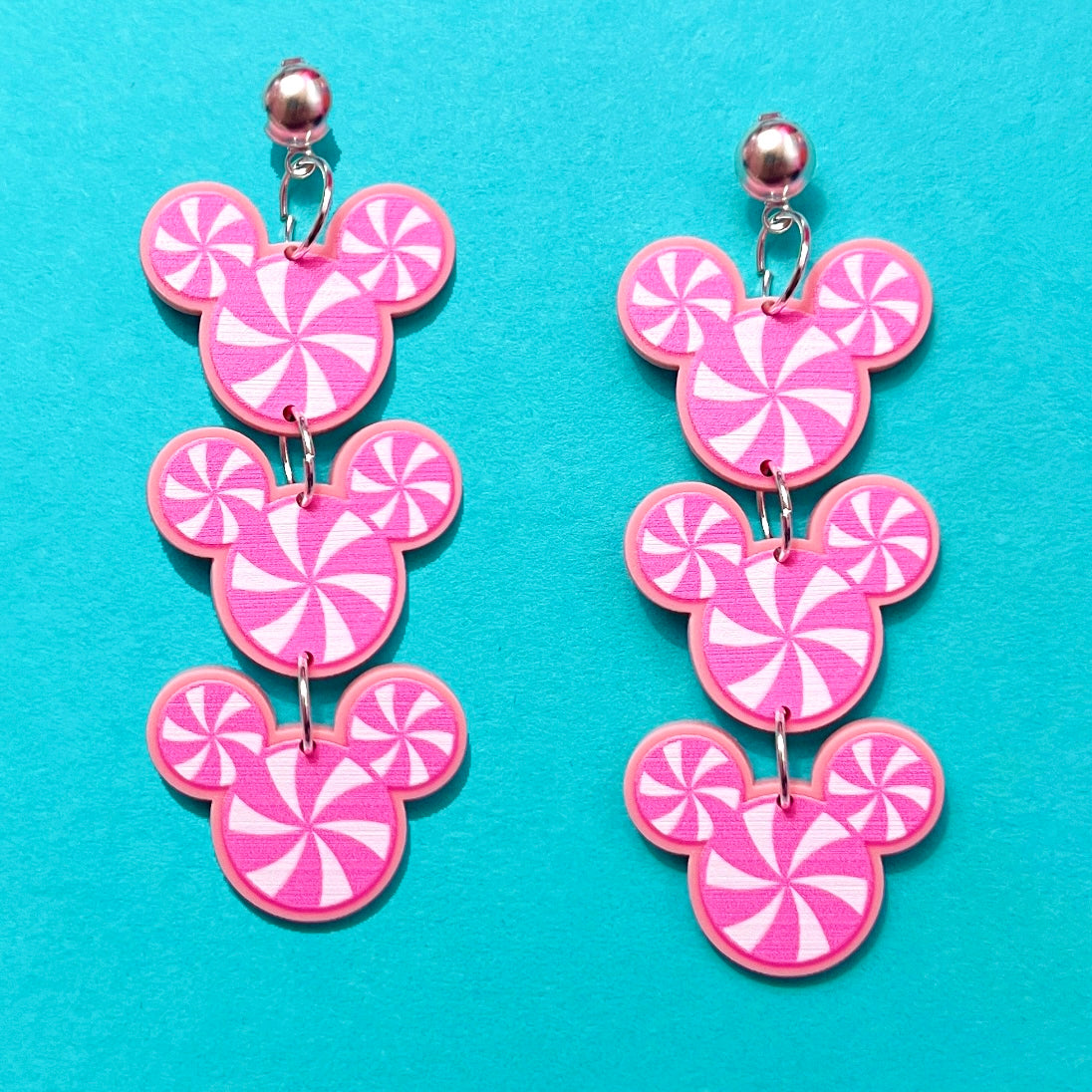 Pink Peppermint Mouse Tiered Drop Earrings