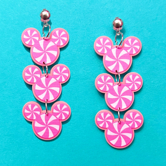 Pink Peppermint Mouse Tiered Drop Earrings