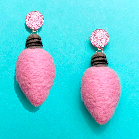 Pastel Pink Christmas Light Bulb Wool Felt Drop Earrings