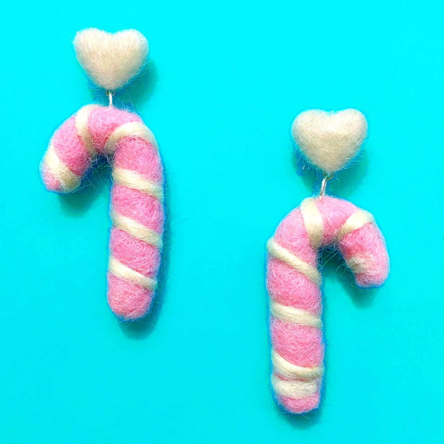 Pink & White Heart & Candy Cane Wool Felt Drop Earrings
