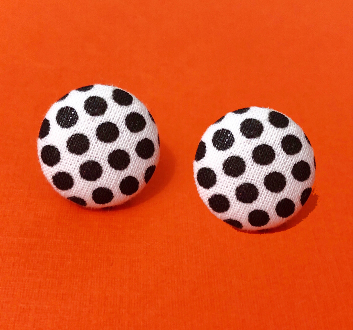 Black & White Polka Dot Fabric Button Earrings