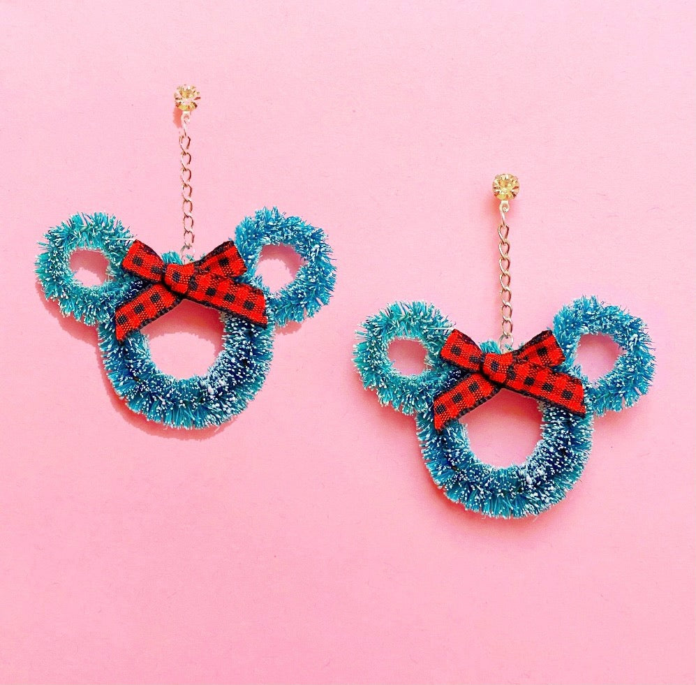 Mouse Wreath Red Plaid Bow Hanging Drop Earrings