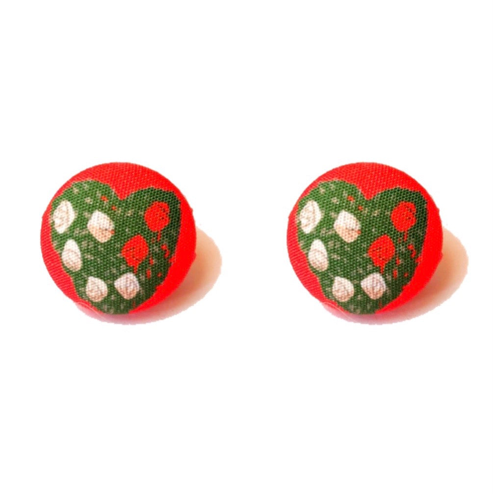 Paint The Roses Red Heart Fabric Button Earrings