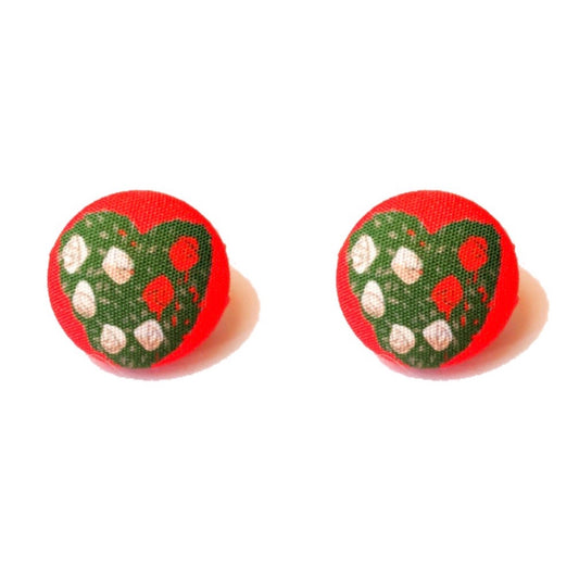 Paint The Roses Red Heart Fabric Button Earrings