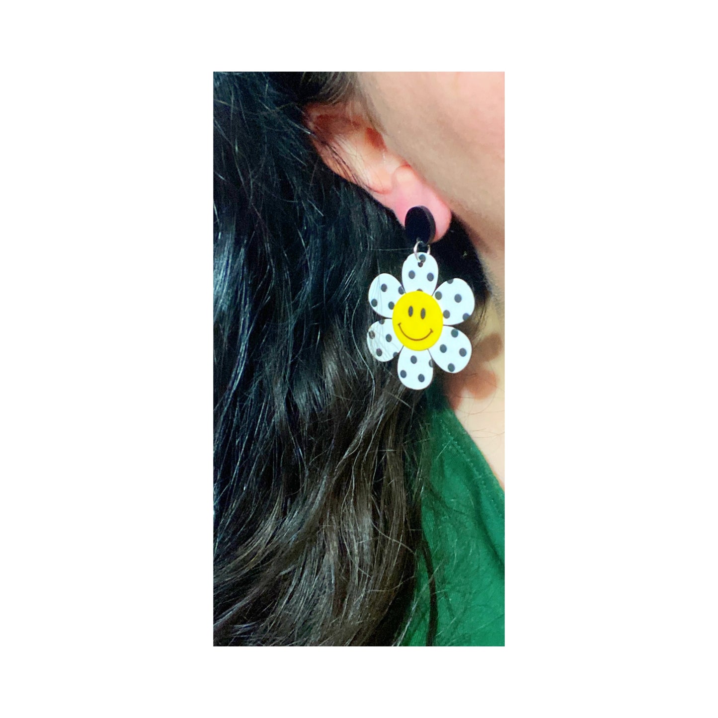 White & Black Polka Dot Flower Smiley Face Acrylic Drop Earrings