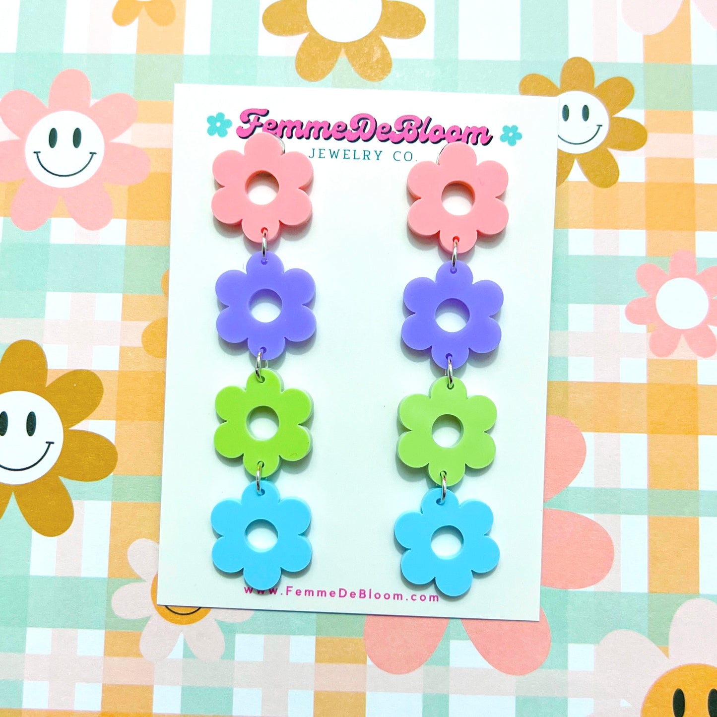Pastel Retro Flower Tiered Acrylic Drop Earrings
