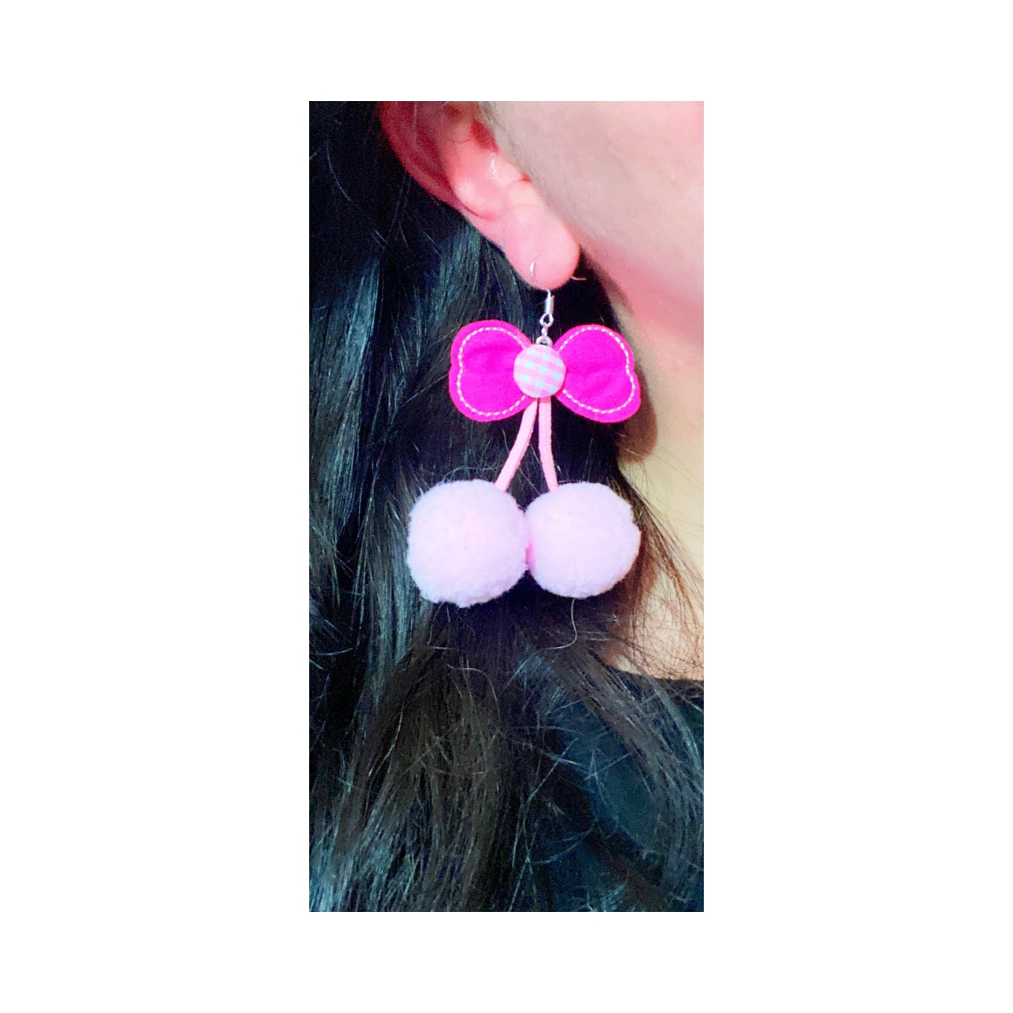 Pink Cherry & Bow Pom Pom Drop Earrings