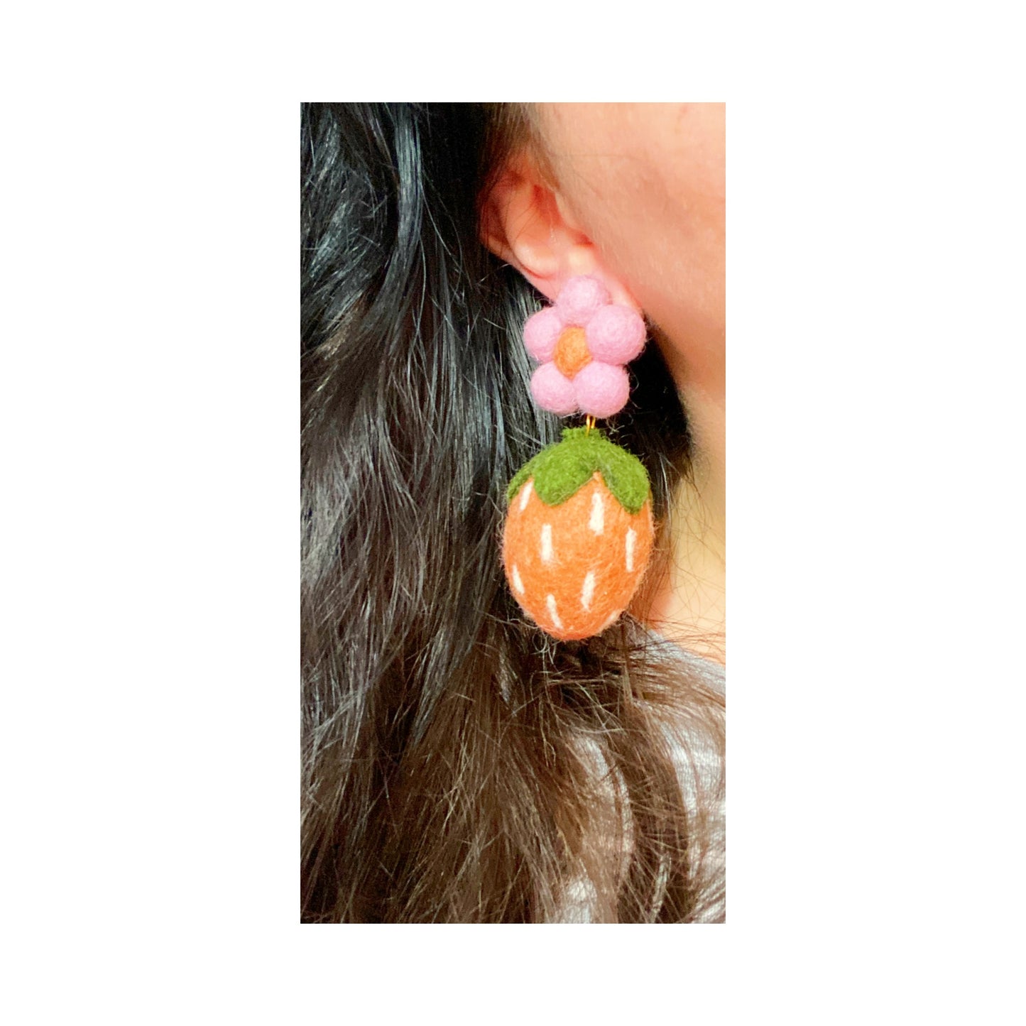 Pink Strawberry & Daisy Wool Felt Pom Pom Drop Earrings