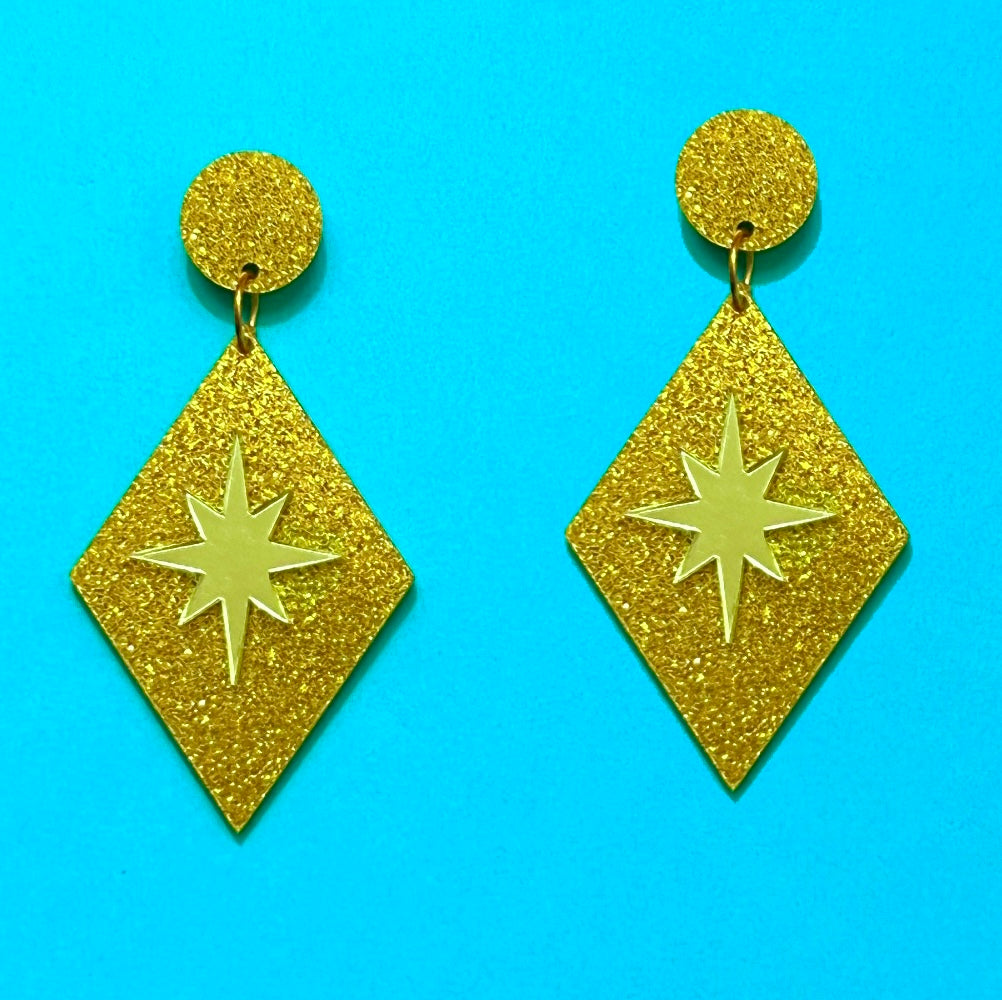 Gold Glitter Atomic Retro Twinkle Drop Earrings