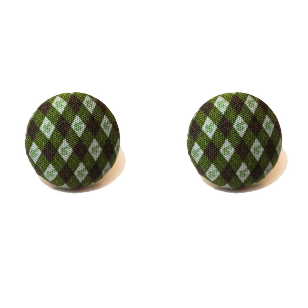 Green & Blue Argyle Fabric Button Earrings