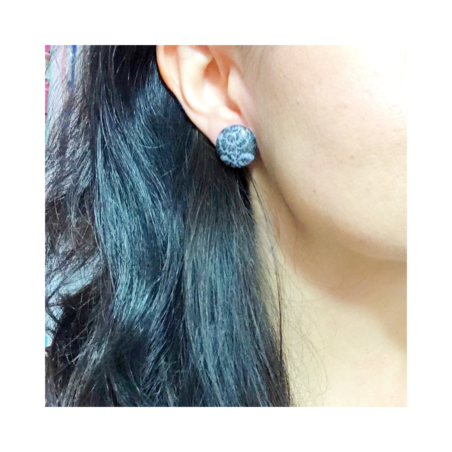 Black Shiny Solid Fabric Button Earrings