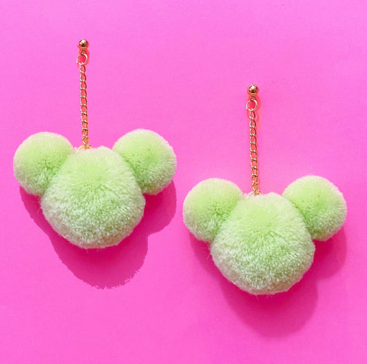 Pastel Green Mouse Yarn Pom Pom Hanging Drop Earrings