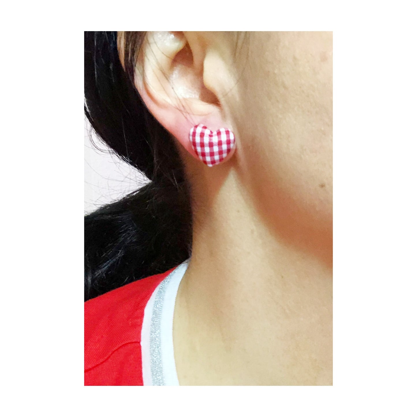 Red Gingham Heart Shaped Fabric Button Earrings