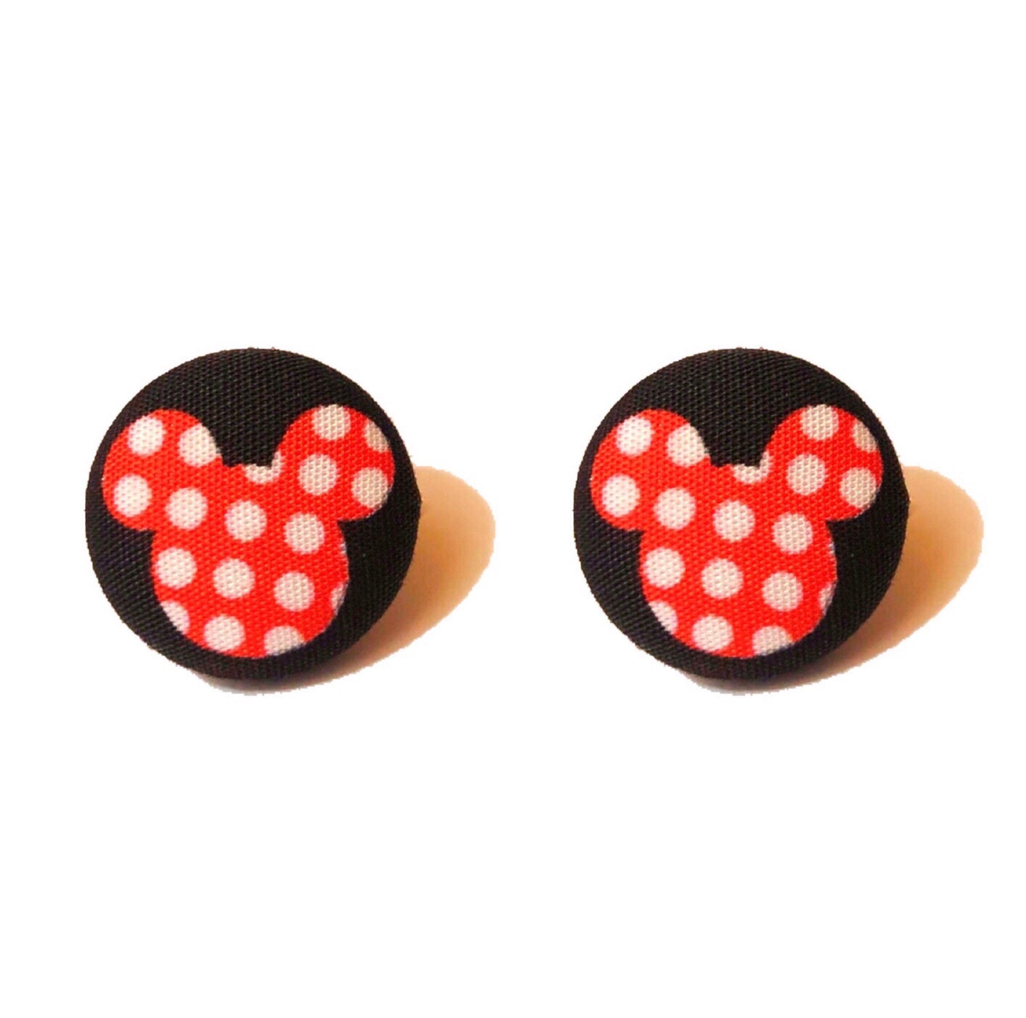 Red & Black Polka Dot Mouse Fabric Button Earrings