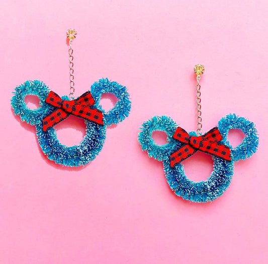 Mouse Wreath Red Plaid Bow Hanging Drop Earrings