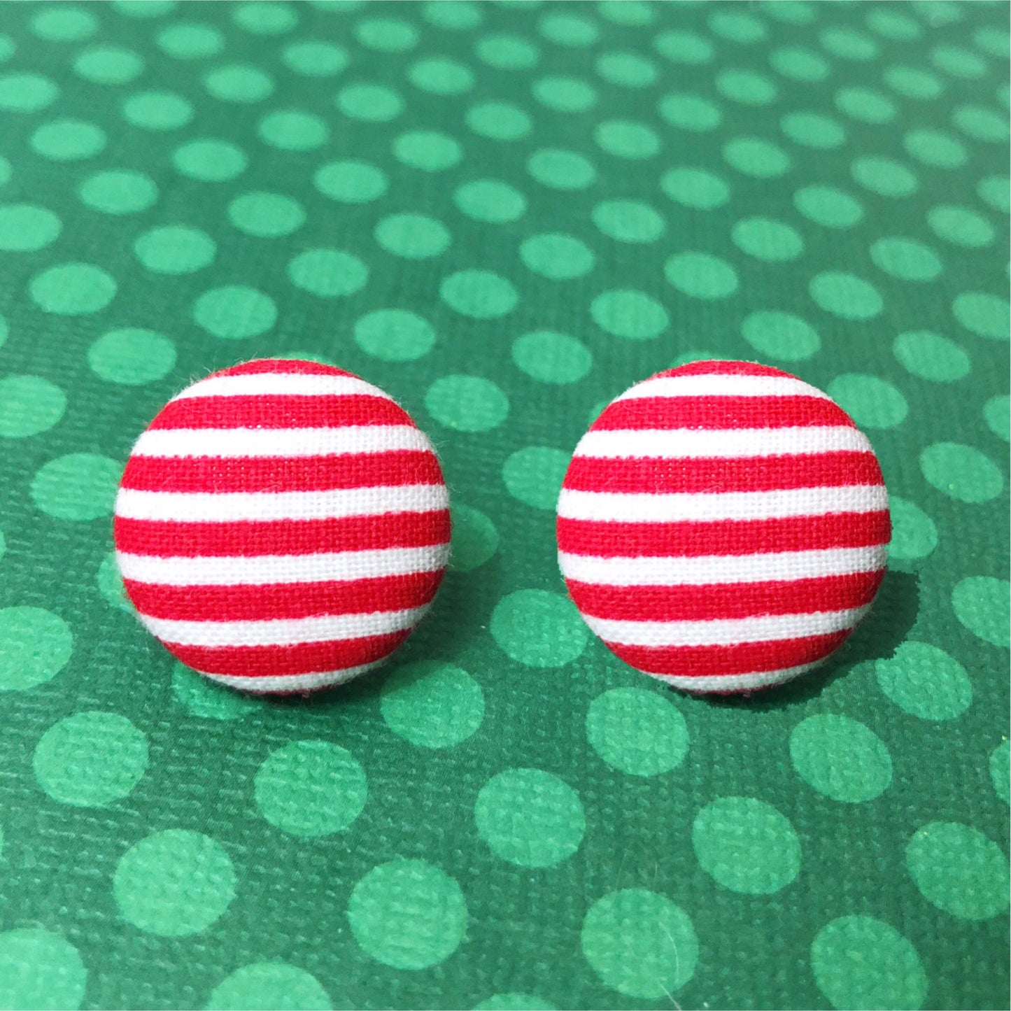 Red & White Stripe Fabric Button Earrings