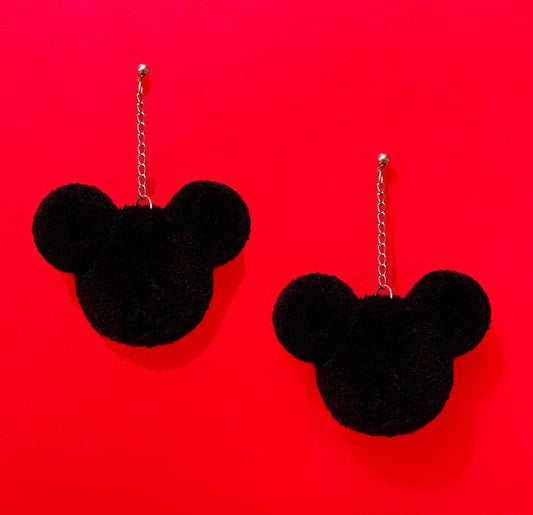 Black Mouse Yarn Pom Pom Hanging Drop Earrings