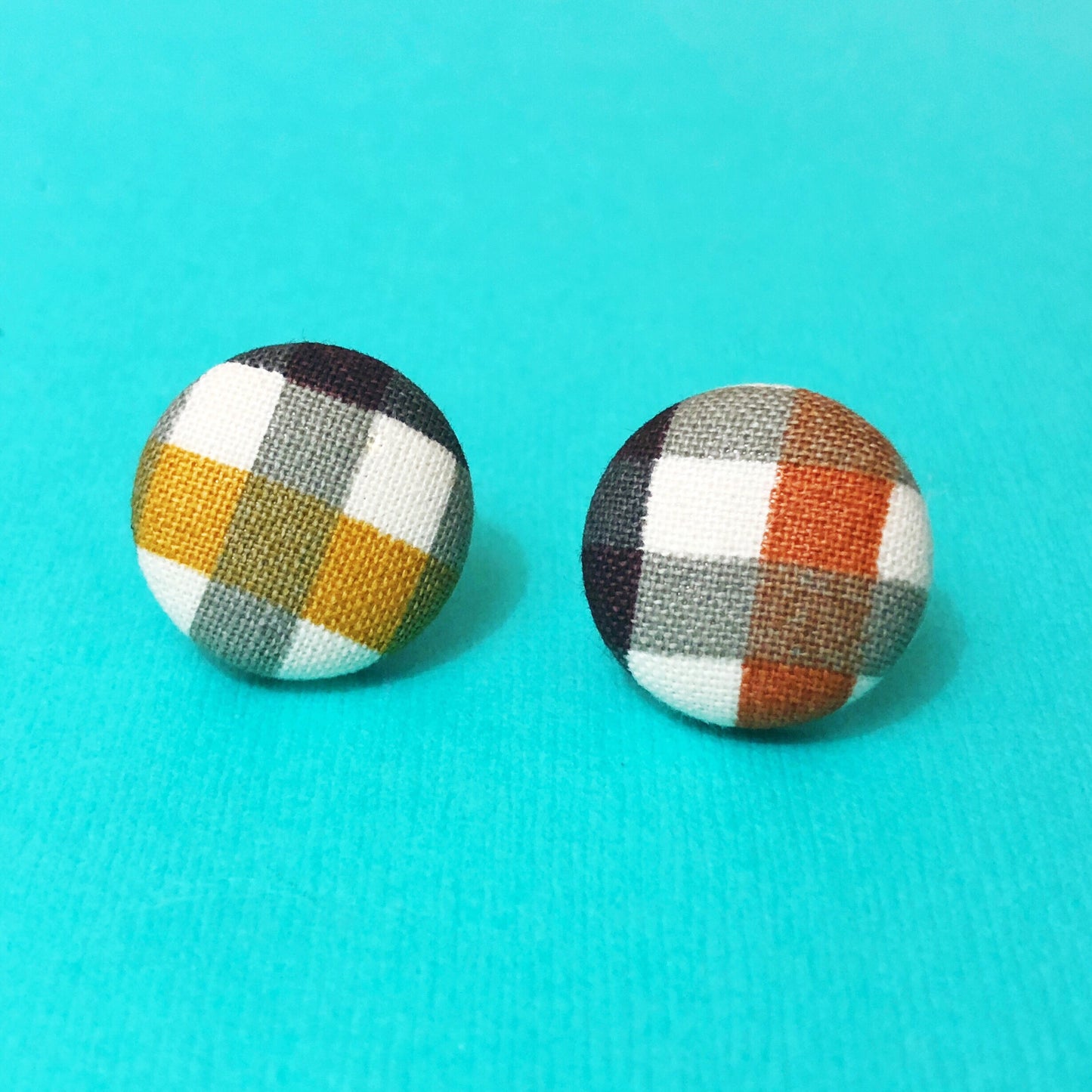 “Agnes” Fall Autumn Mustard Brown Plaid Fabric Button Earrings