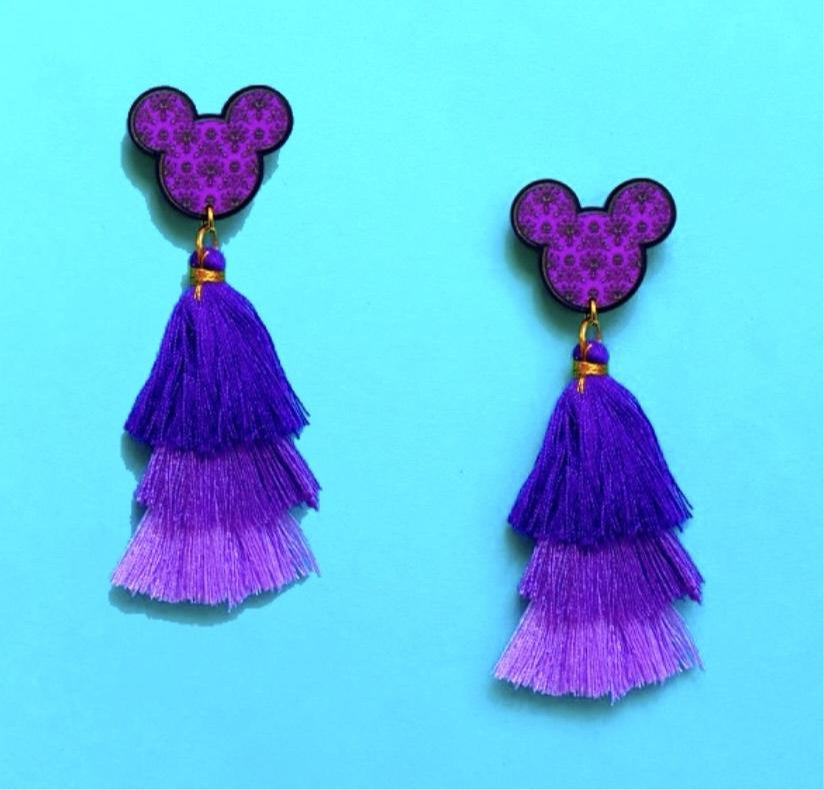 Haunted Wallpaper Mouse Purple Tassel Drop Earrings