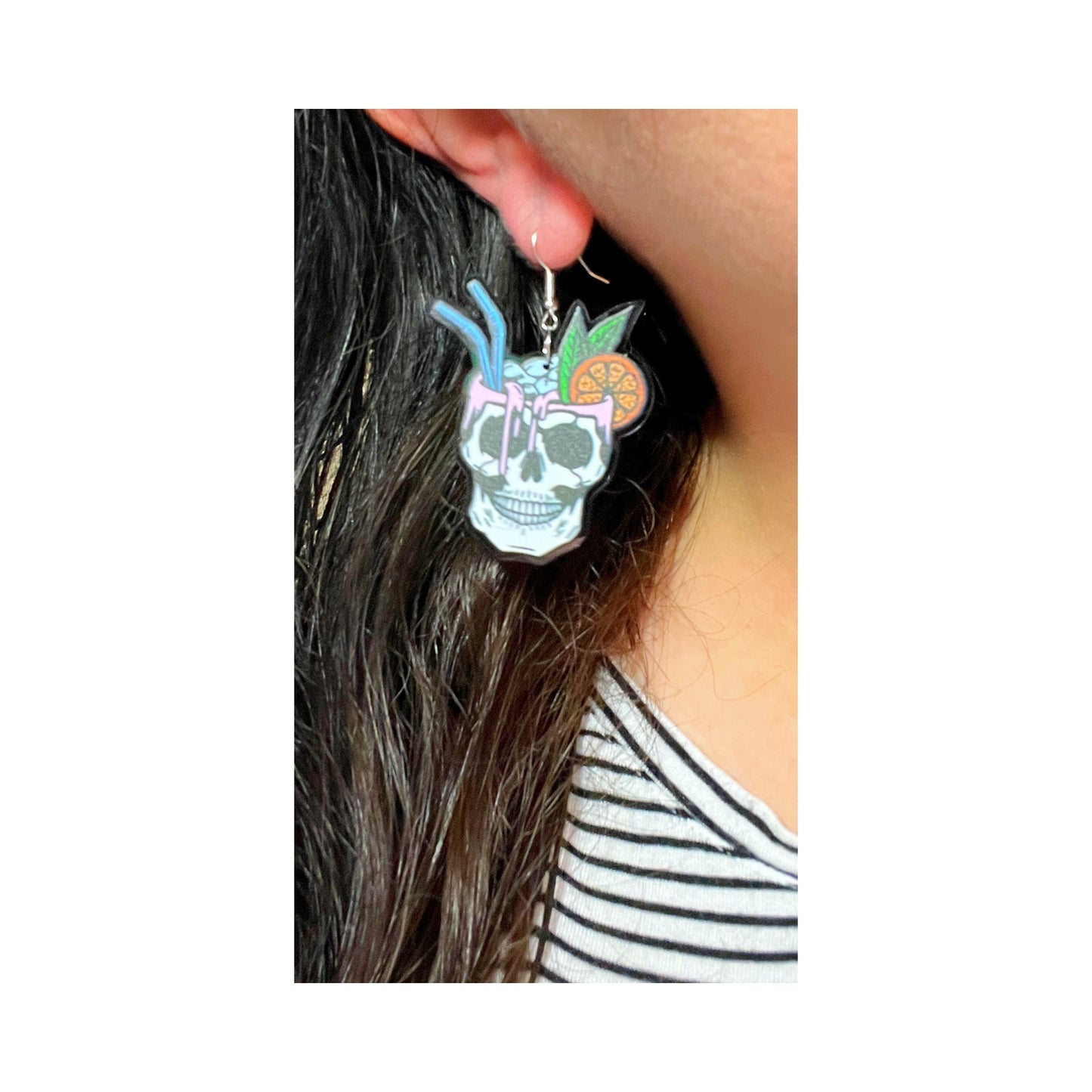 Spooky Skull Tropical Cocktail Acrylic Drop Earrings
