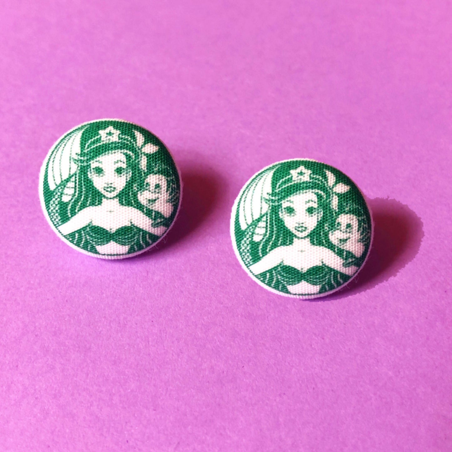 Coffee Siren Fabric Button Earrings
