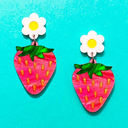 Strawberry Daisy Mini Acrylic Drop Earrings
