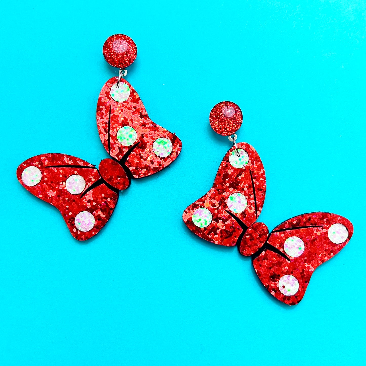 Red Sparkle Large Polka Dot Bow Drop Earrings